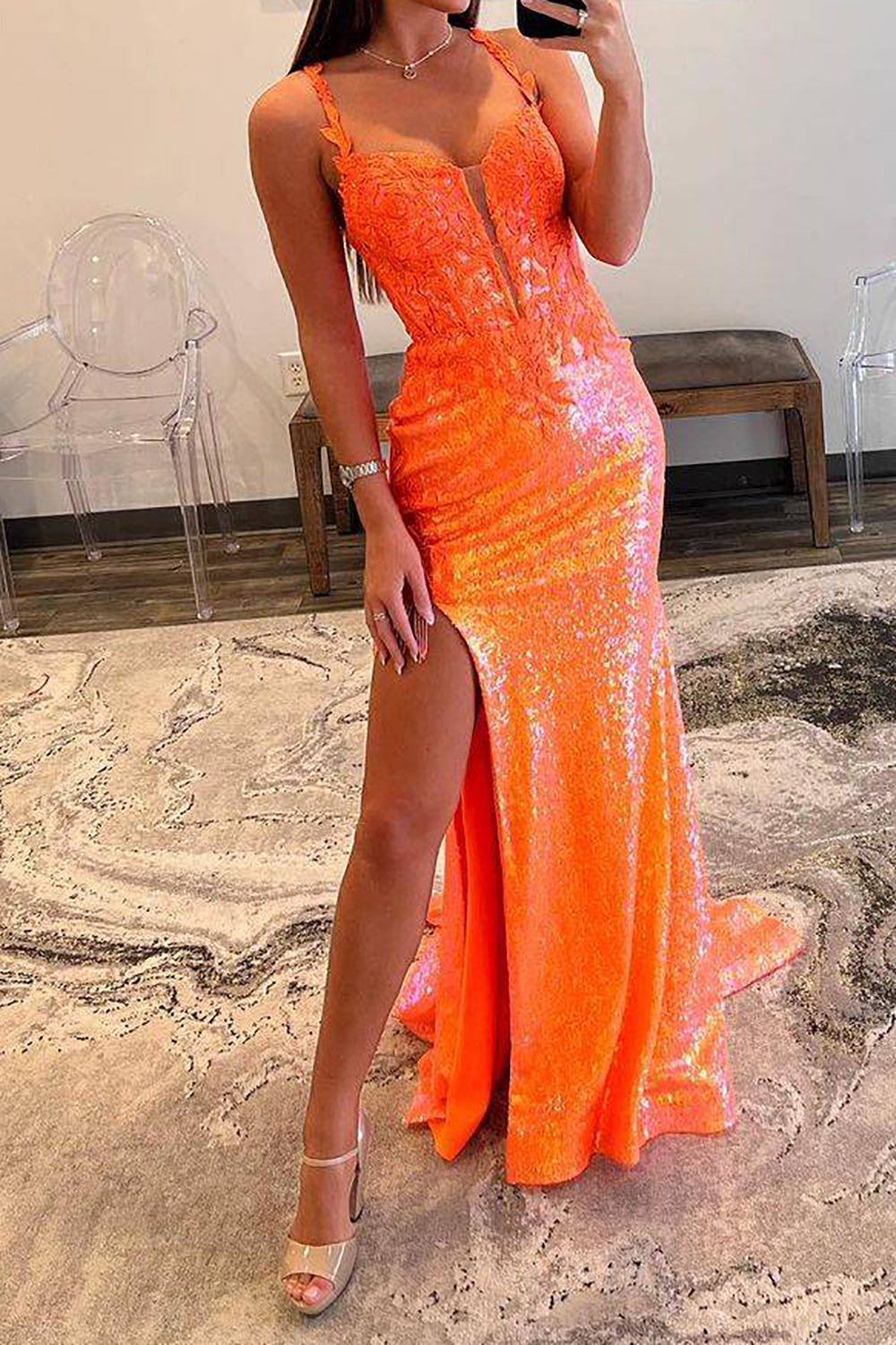 Gorgeous Mermaid Spaghetti Straps Orange Sequins Long Prom Dress with Appliques