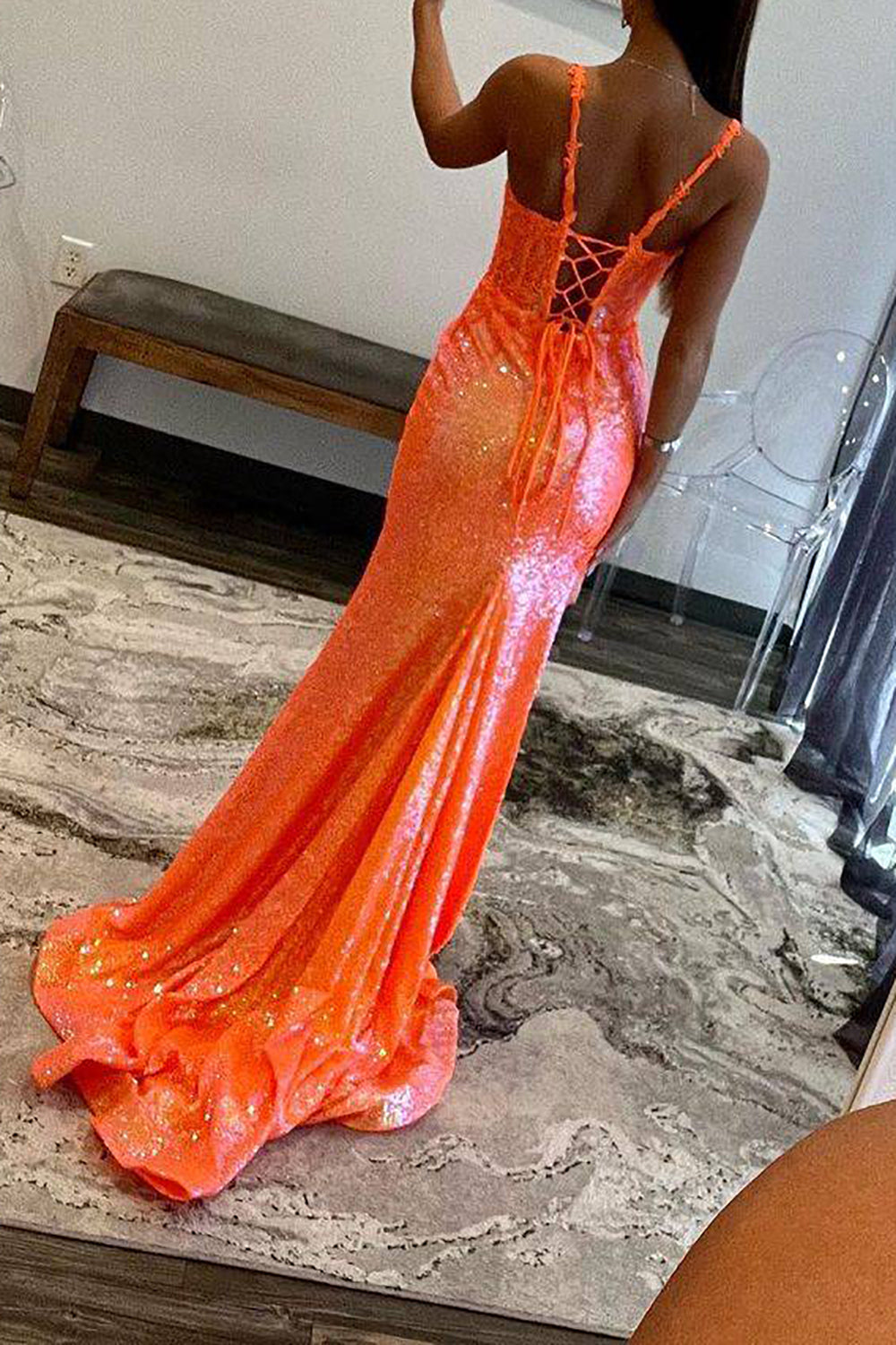 Gorgeous Mermaid Spaghetti Straps Orange Sequins Long Prom Dress with Appliques