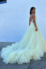 Stylish A Line Sweetheart Yellow Corset Prom Dress with Appliques Ruffles