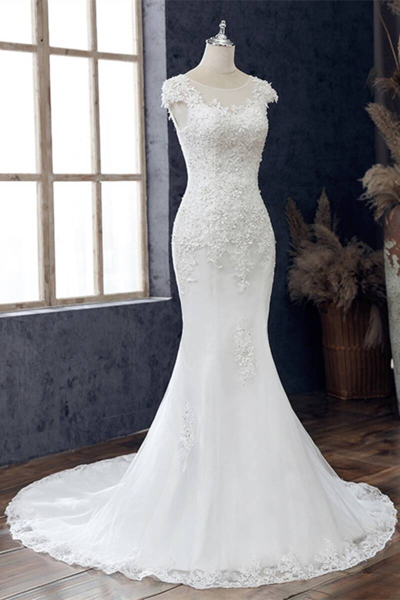 White Lace Beaded Cap Sleeve Trumpet Wedding Dress