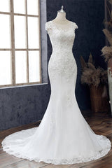 White Lace Beaded Cap Sleeve Trumpet Wedding Dress