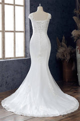 White Lace Beaded Cap Sleeve Trumpet Wedding Dress