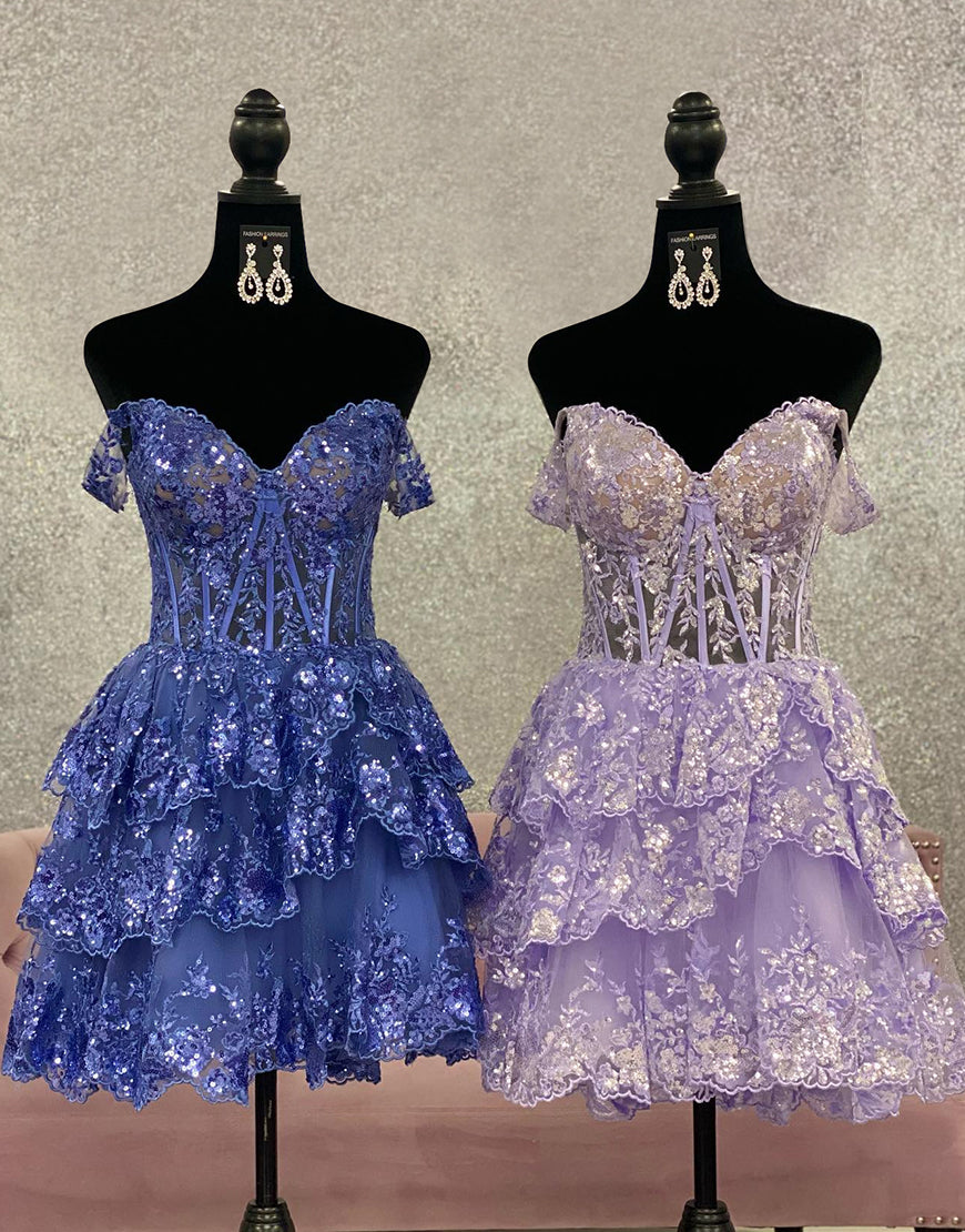 A-Line Glitter Off The Shoulder Tiered Short Homecoming Party Dress