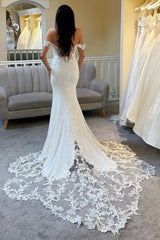 White Off-the-Shoulder Scalloped Lace Mermaid Long Wedding Dress