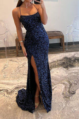 Sparkly Mermaid Spaghetti Straps Navy Sequins Long Prom Dress with Split Front
