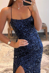 Sparkly Mermaid Spaghetti Straps Navy Sequins Long Prom Dress with Split Front