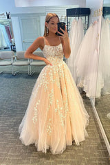 Princess A Line Spaghetti Straps Light Champagne Long Prom Dress with Appliques