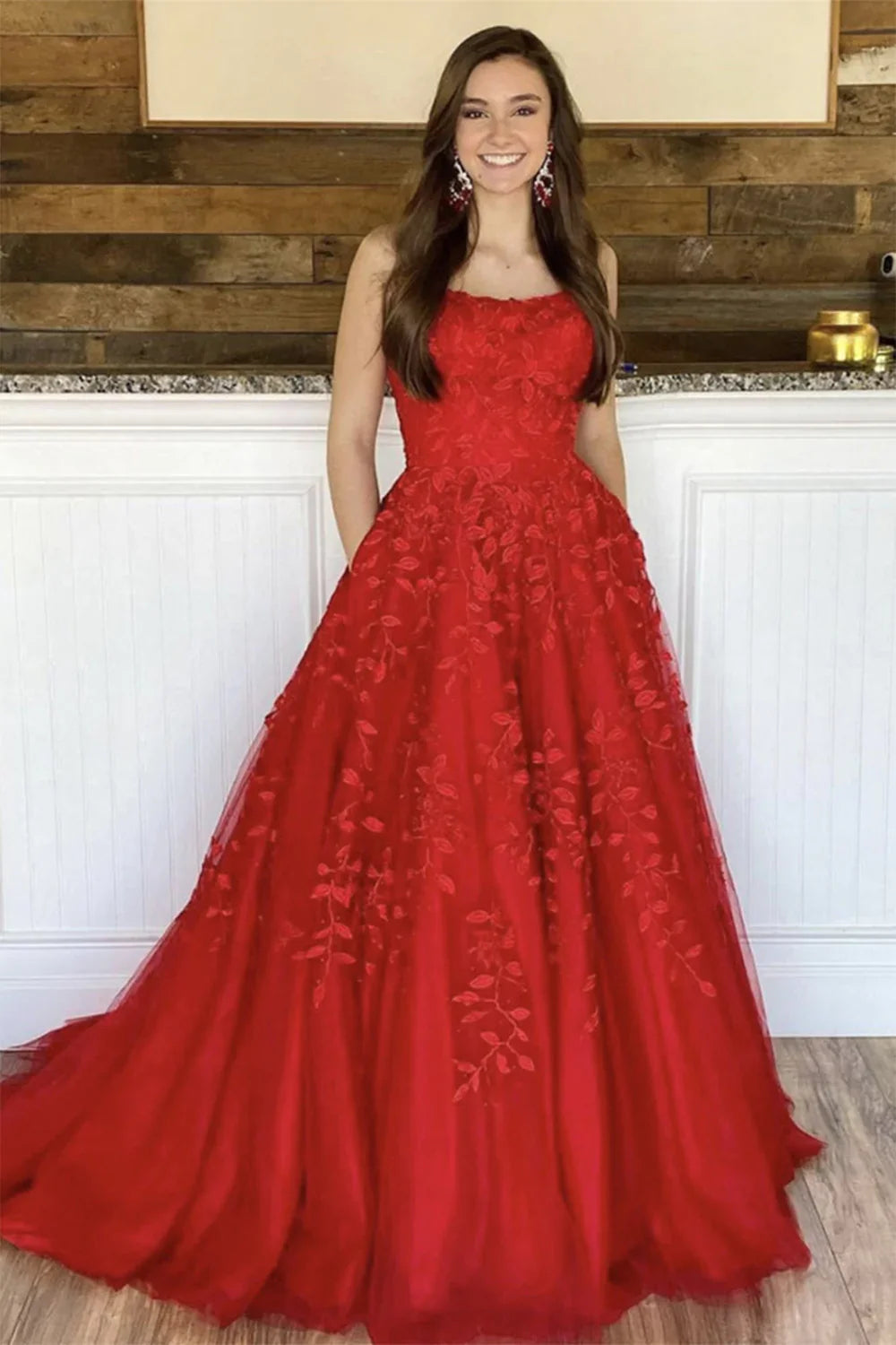 Princess A Line Spaghetti Straps Light Champagne Long Prom Dress with Appliques