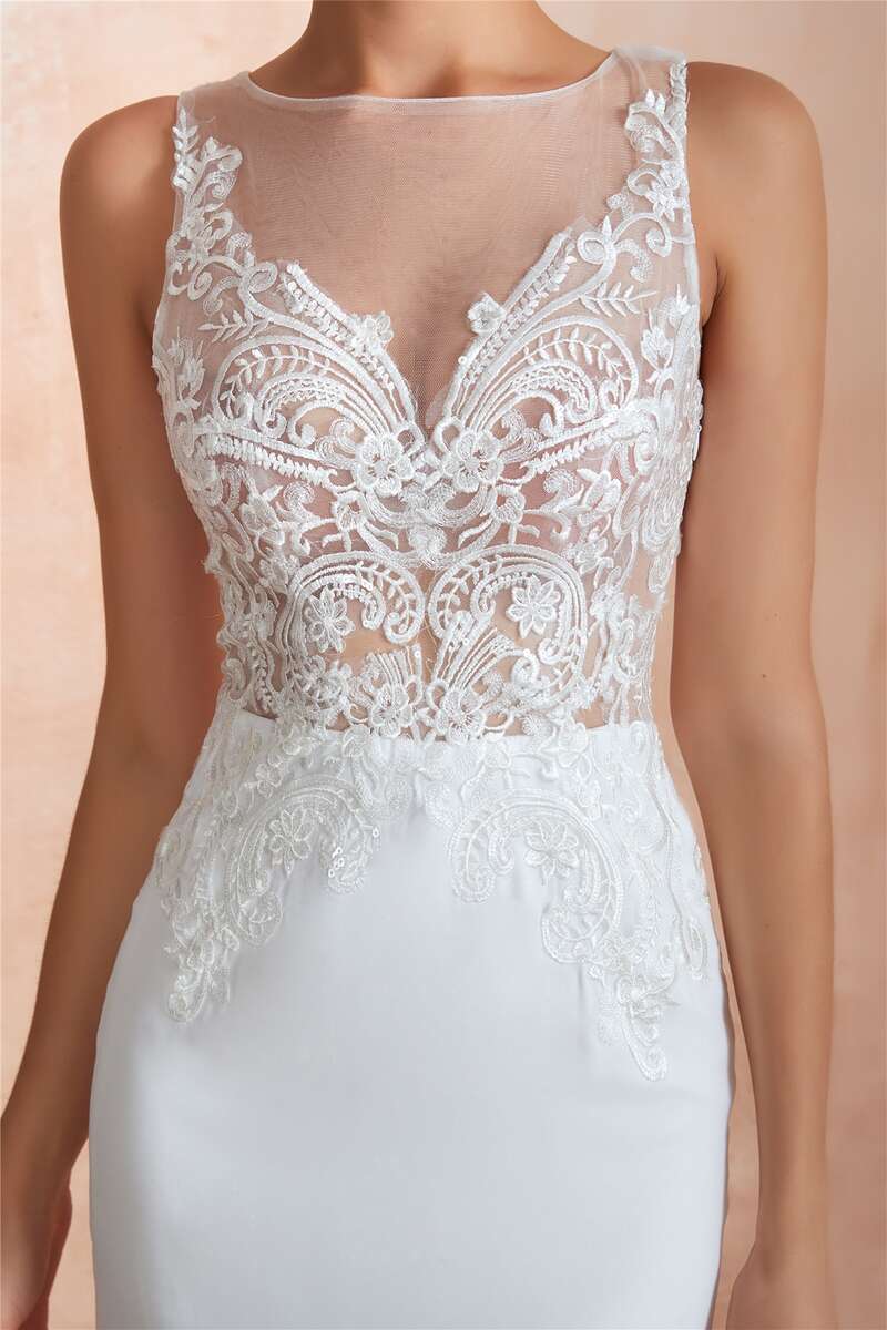 Sheer Lace Sleeveless Mermaid Long Wedding Dress