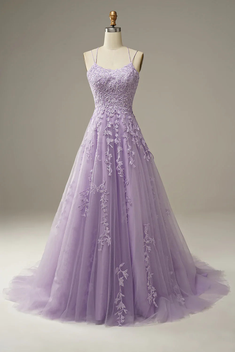 Princess A Line Spaghetti Straps Light Champagne Long Prom Dress with Appliques