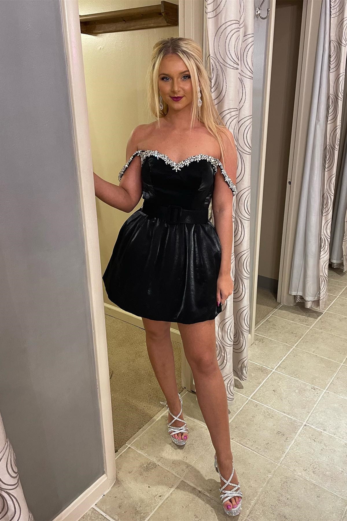 Black Leather Beaded Off-the-Shoulder A-line Homecoming Dress