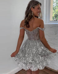 Charming Glitter A-Line Off The Shoulder Tiered Short Homecoming Dress
