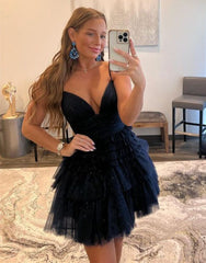 A-Line Spaghetti Straps Navy Tulle Homecoming Dress