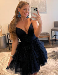 A-Line Spaghetti Straps Navy Tulle Homecoming Dress