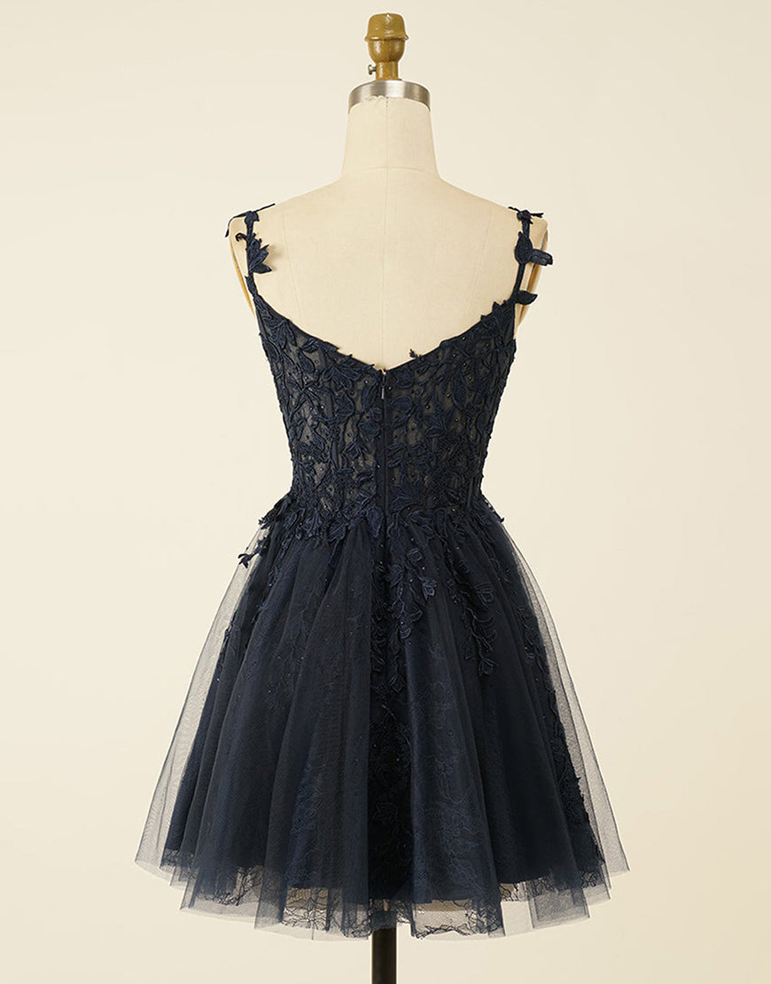 A-Line Spaghetti Straps Short Tulle Homecoming Dress With Appliques
