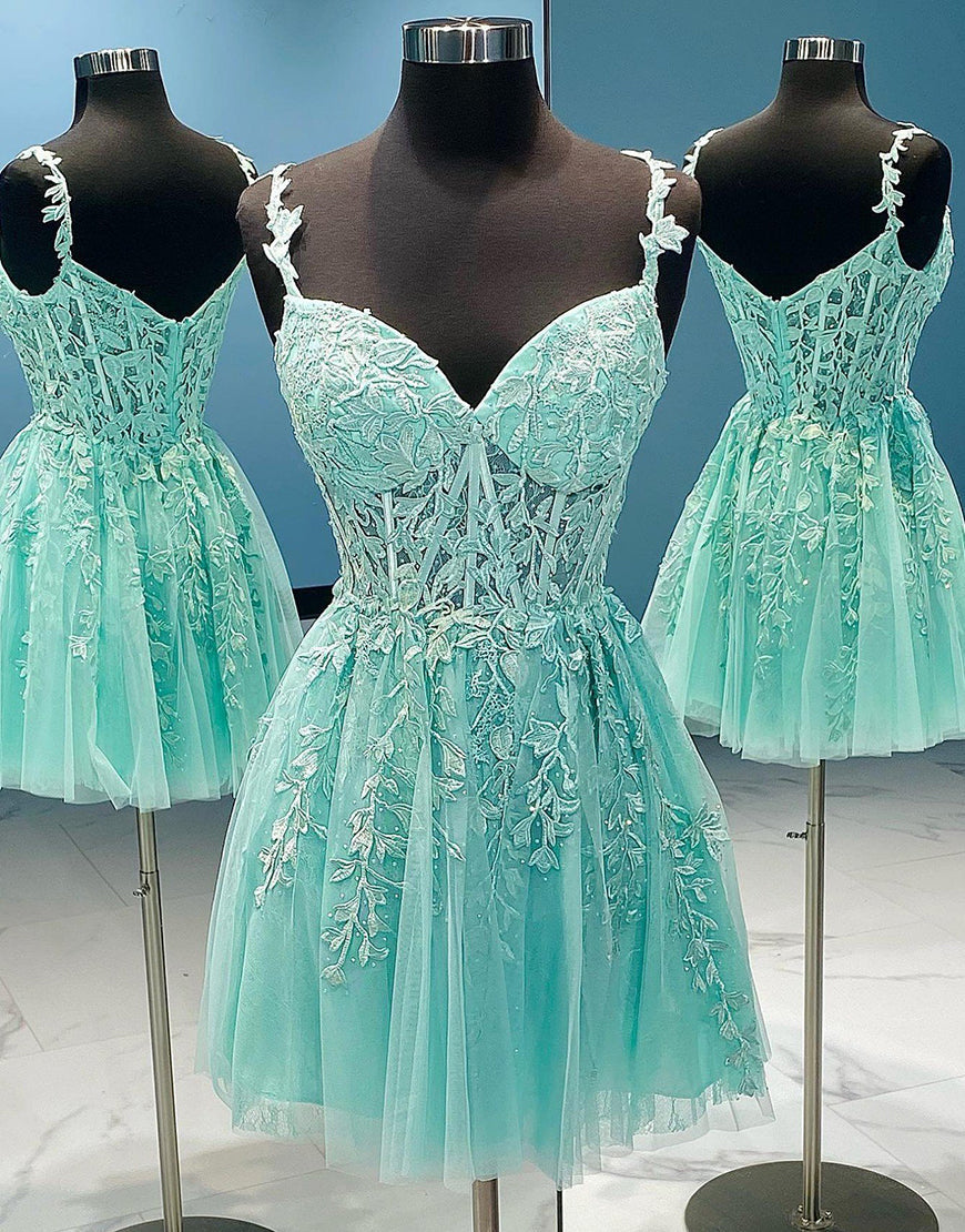 A-Line Spaghetti Straps Short Tulle Homecoming Dress With Appliques