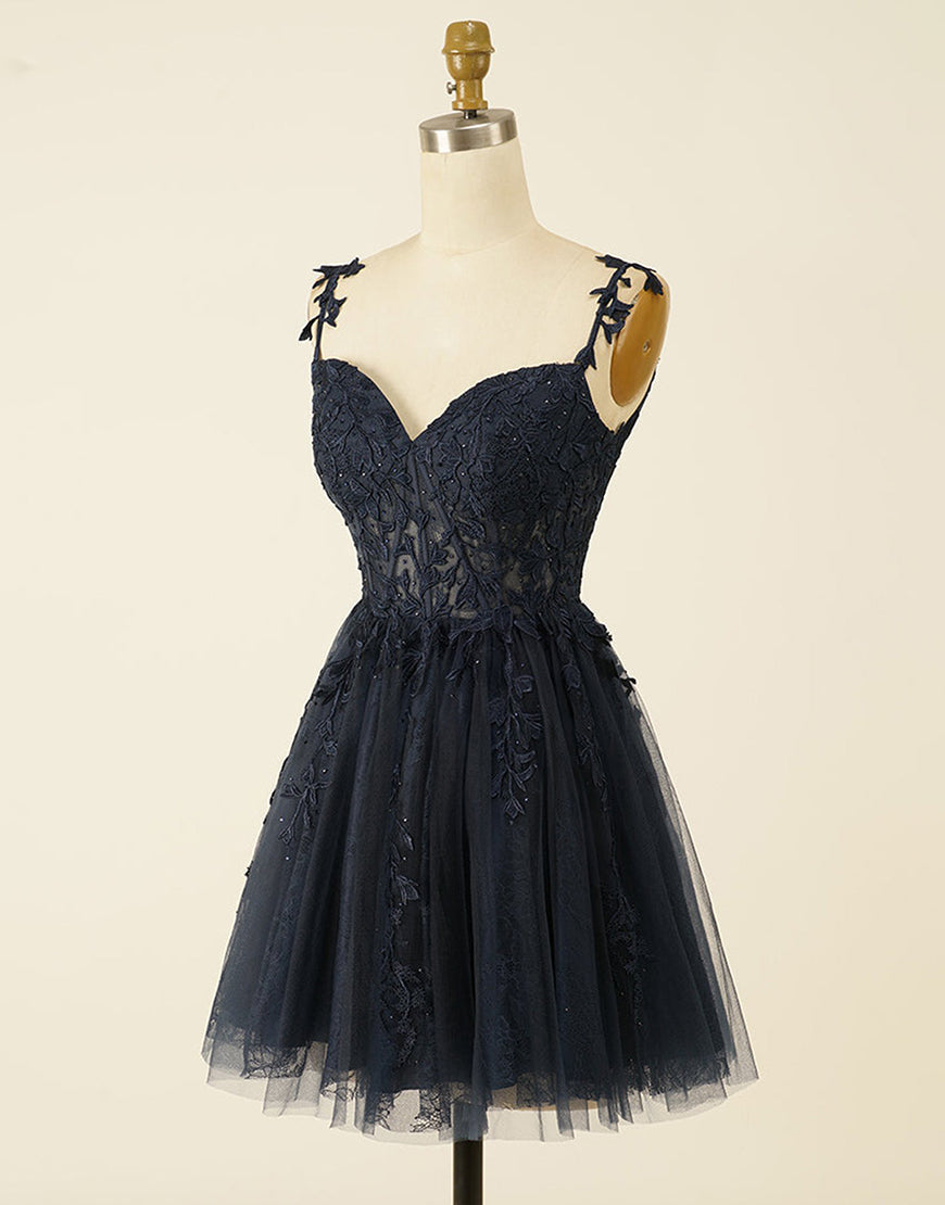 A-Line Spaghetti Straps Short Tulle Homecoming Dress With Appliques