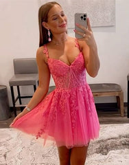 A-Line Spaghetti Straps Short Tulle Homecoming Dress With Appliques