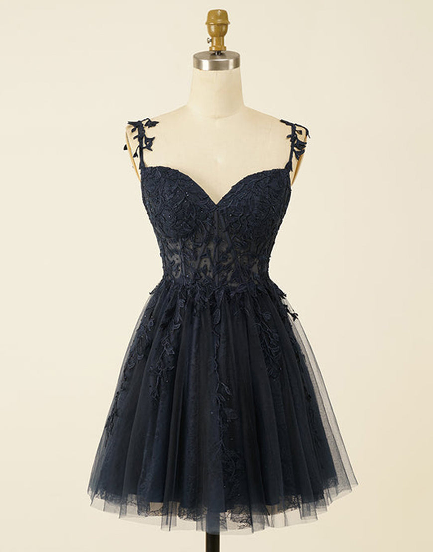 A-Line Spaghetti Straps Short Tulle Homecoming Dress With Appliques