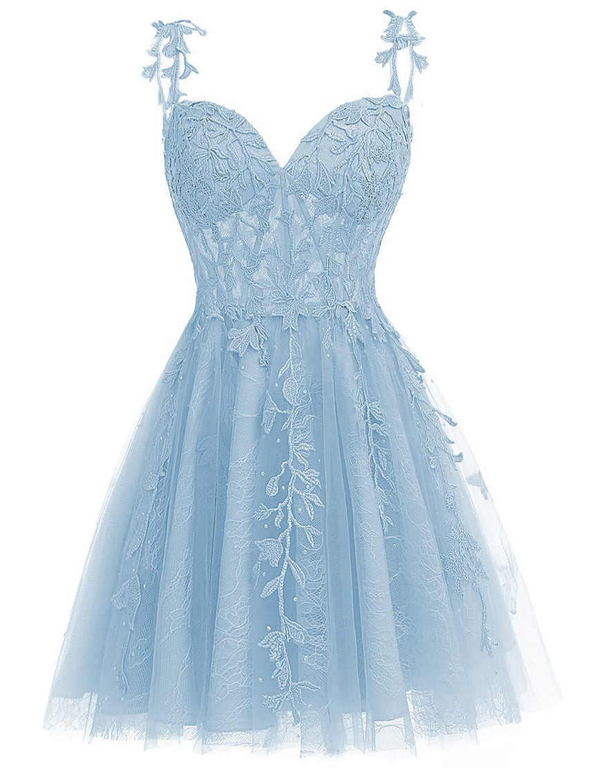 A-Line Spaghetti Straps Short Tulle Homecoming Dress With Appliques
