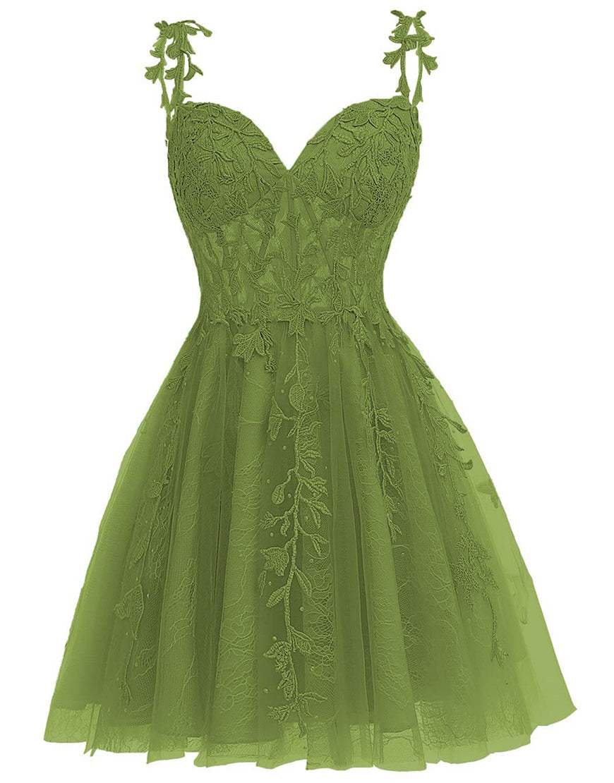 A-Line Spaghetti Straps Short Tulle Homecoming Dress With Appliques