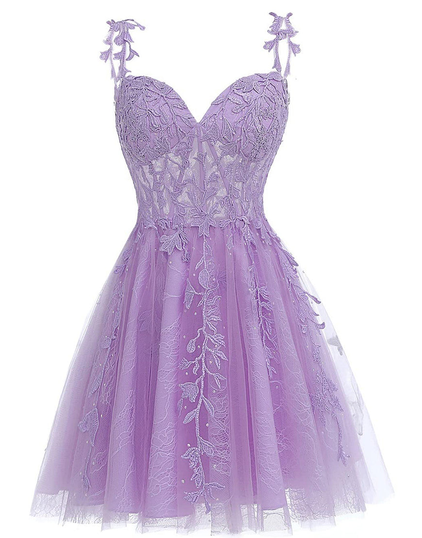 A-Line Spaghetti Straps Short Tulle Homecoming Dress With Appliques