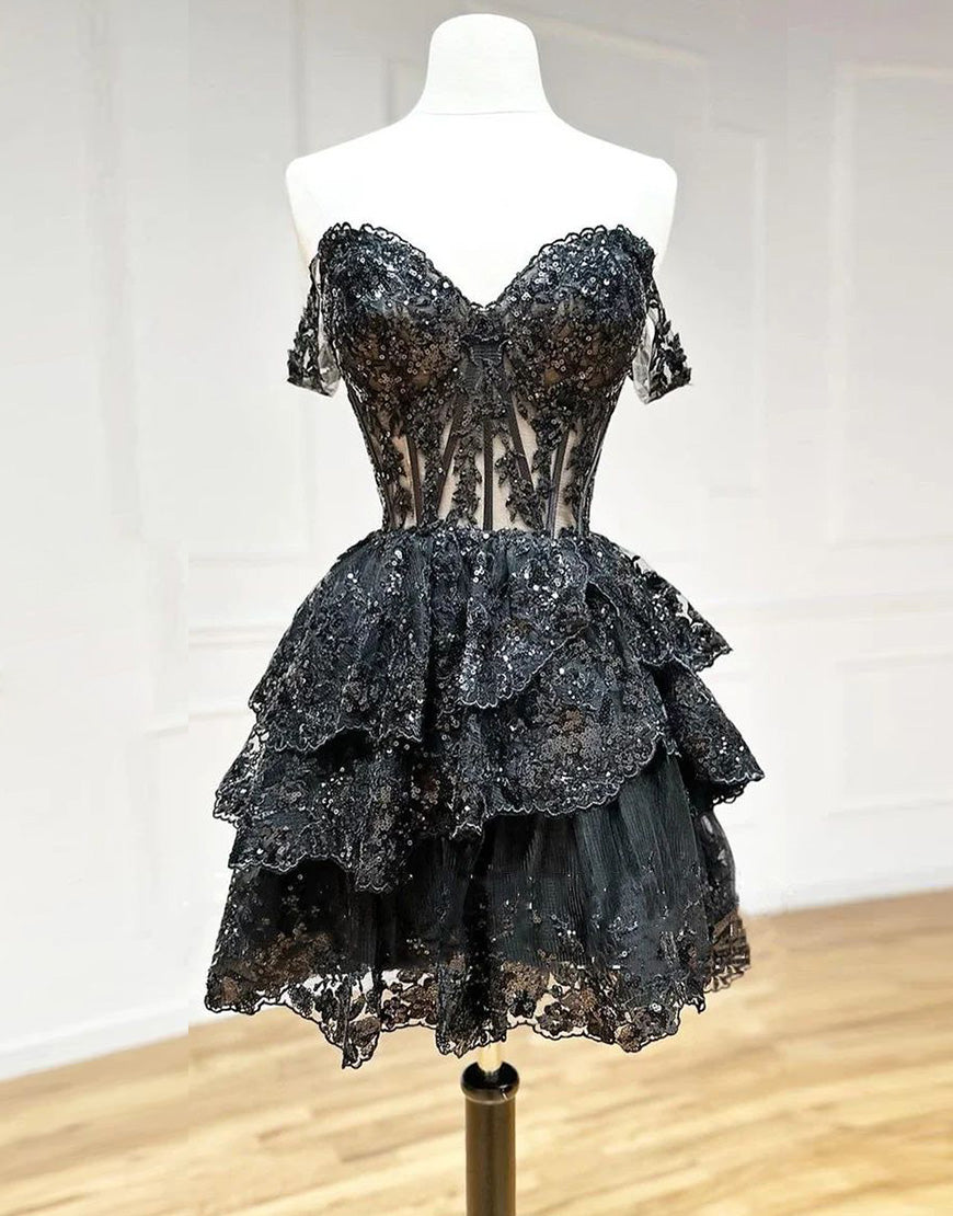 A-Line Glitter Off The Shoulder Tiered Short Homecoming Party Dress
