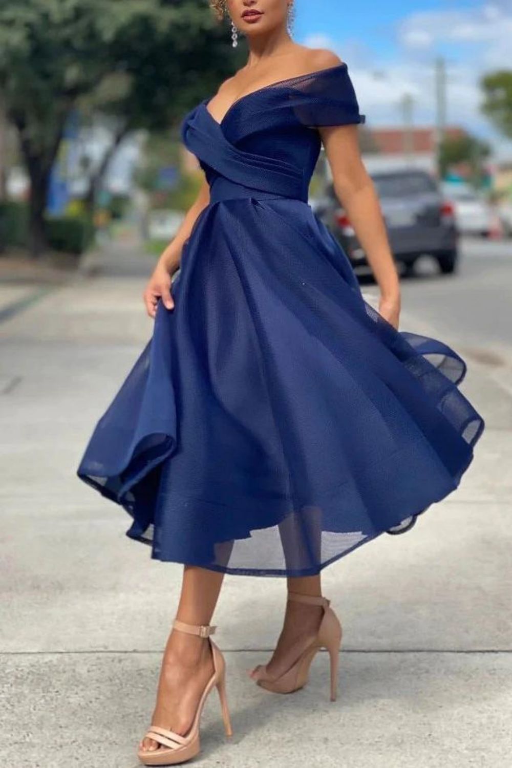 A-line Tea Length Off The Shoulder Homecoming Dress