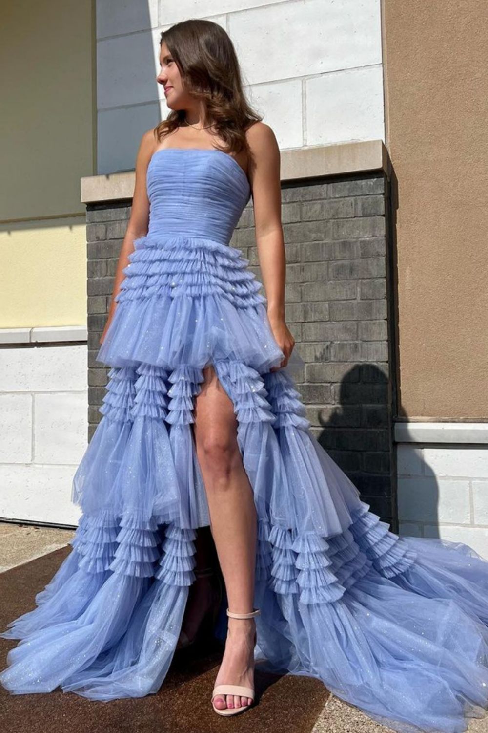 A Line Strapless Fuchsia Long Prom Dress with Ruffles