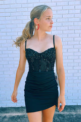 Straps Black Sequins Pleated Bodycon Homecoming Dress