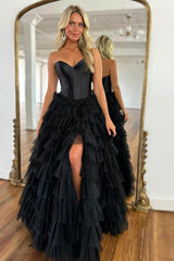 A-Line Sweetheart Black Long Ruffle Tulle Prom Dress With Split