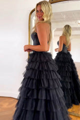 A-Line Sweetheart Black Long Ruffle Tulle Prom Dress With Split