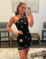 Black One Shoulder Sequin Homecoming Dress With Stars