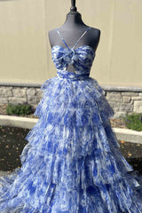 Strapls Blue Floral Print Keyhole Ruffle A-line Long Prom Dress