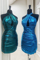 Bodycon Halter Neck Open Back Short Tight Metallic Homecoming Dress
