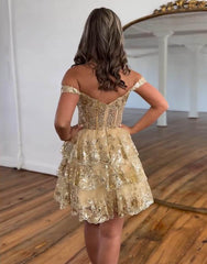 Stunning A-Line Off The Shoulder Tiered Glitter Homecoming Dress With Appliques