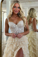 Charming Off The Shoulder A-Line Long Tiered Prom Dress With Sequin