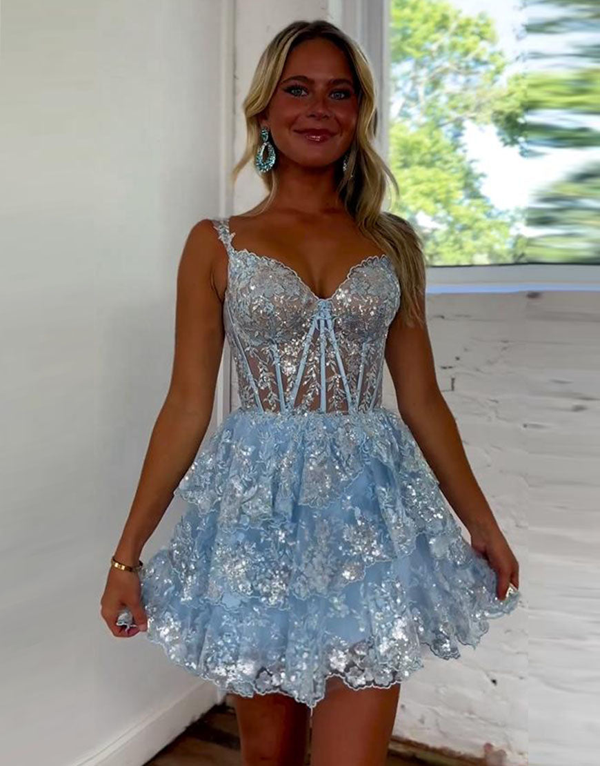 A-Line Glitter Off The Shoulder Tiered Short Homecoming Party Dress