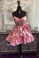 Cute A-Line Spaghetti Straps Short Satin Homecoming Dress With Flowers