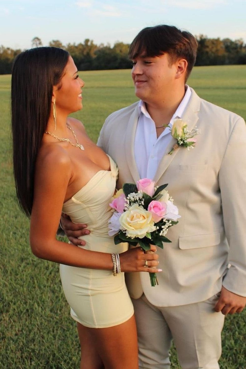 Elegant Strapless Yellow Ruched Bodycon Homecoming Dress with Cutout Detail
