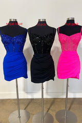 Straps Black Sequins Pleated Bodycon Homecoming Dress