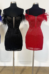 Feather Cold Sleeve Beaded Short Homecoming Dress