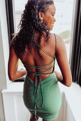 Mint Geen Beaded Lace-Up Deep V Neck Homecoming Dress