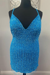 Blue Jay Sequins V Neck Straps Homecoming Dress with Tassels