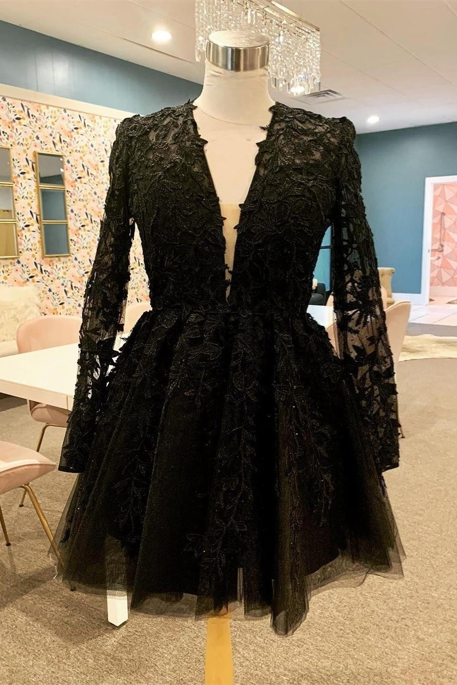 Black Plunging V Neck Long Sleeves Appliques A-line Homecoming Dress