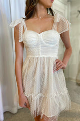 Ivory Bow Tie Shoulder Polka Dots Short Homecoming Dress