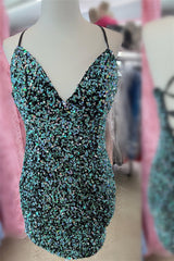 Green V-Neck Sequins Lace-Up Tight Homecoming Dress