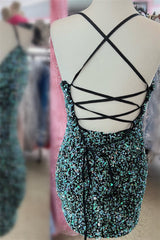 Green V-Neck Sequins Lace-Up Tight Homecoming Dress