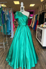One Shoulder Bow Tie Emerald Green Long Prom Dress