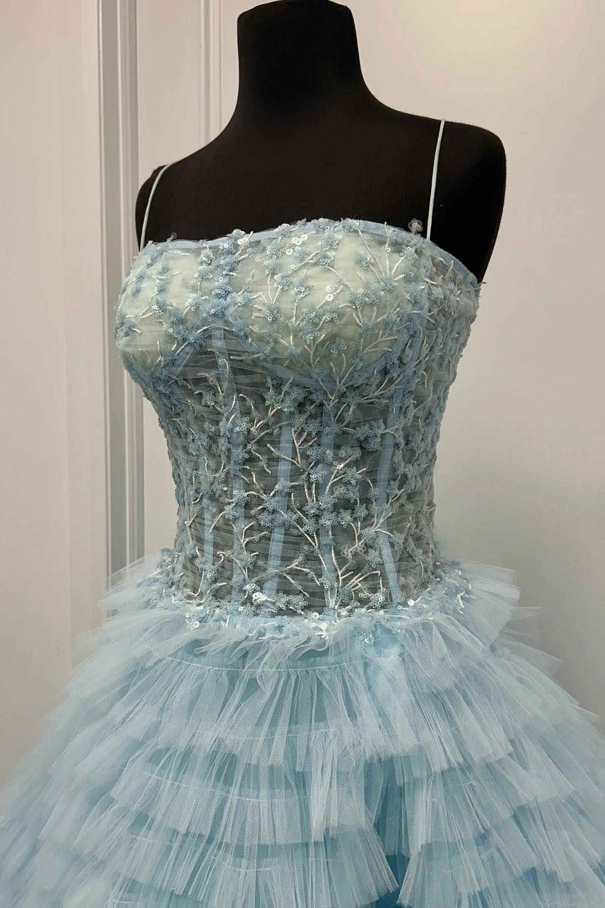 Straps Red Sequin Appliques Layered Tulle Ball Gown